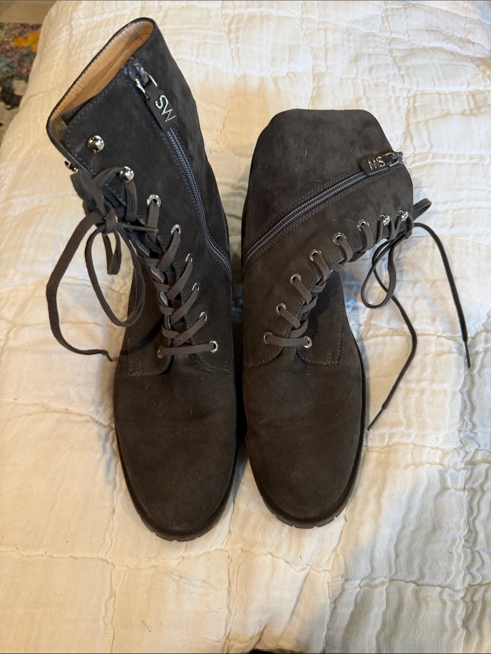 Stuart Weitzman Dark Grey Suede Lace-Up Combat Boots - Picture 1 of 4